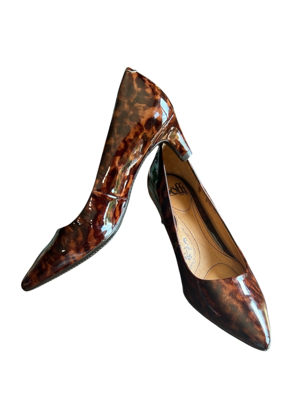 Söfft Brown Tortoiseshell Patent Leather Pointed-Toe Kitten heels 6M